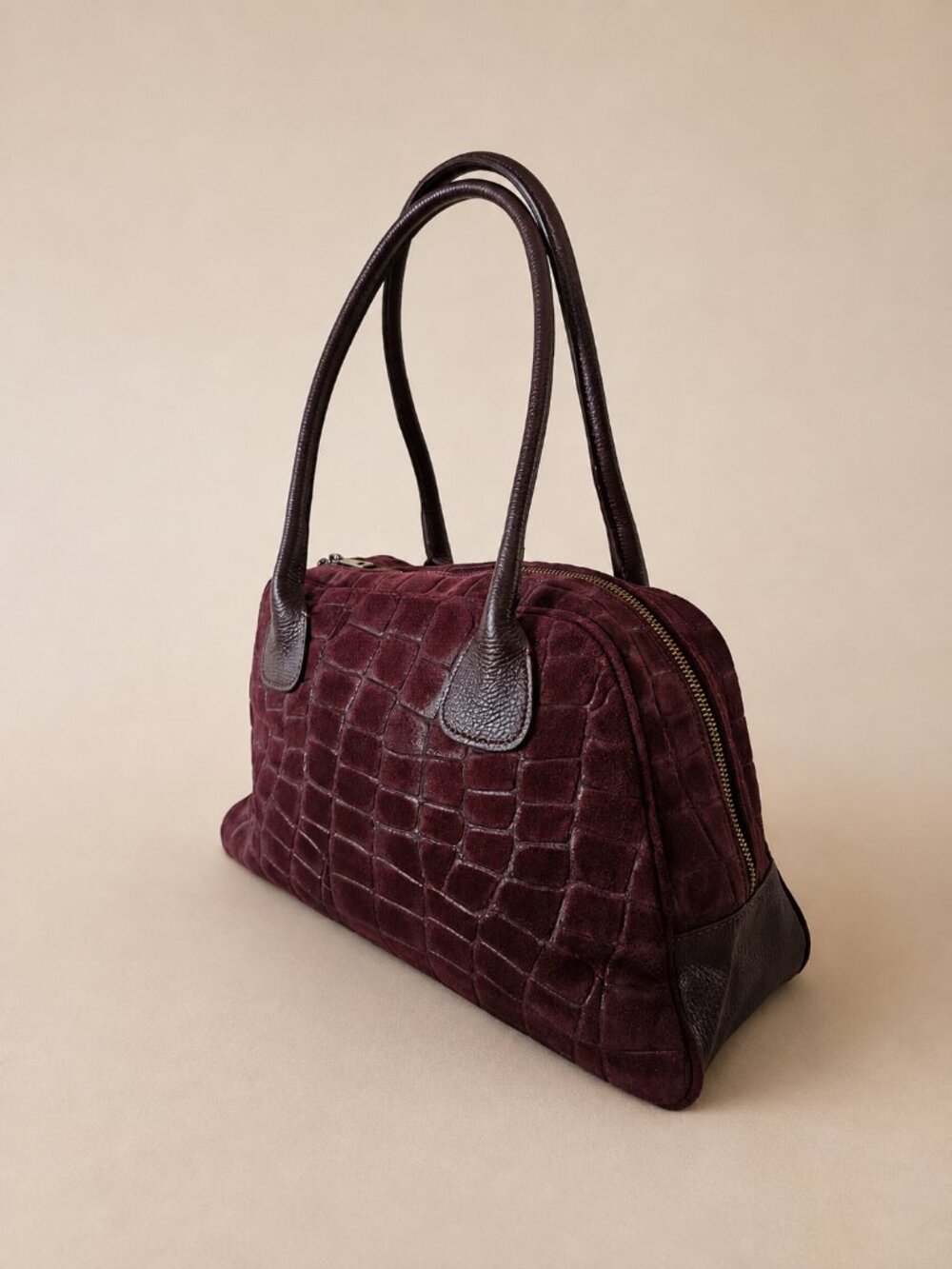 Burgundy Italian Leather & Croc-Embossed Suede Shoulder Bag – Large Dome Handbag - Picture 8 of 15